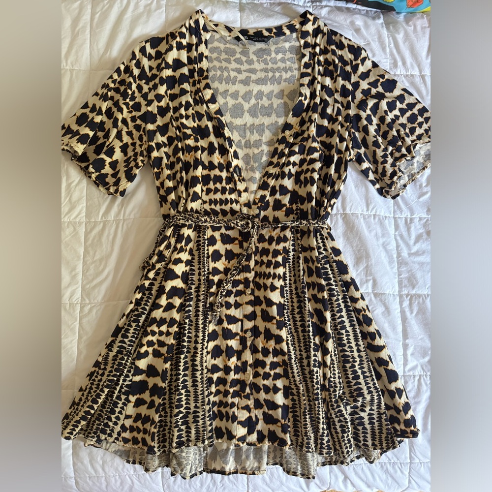 Zara Black and Tan Patterned Mini Dress